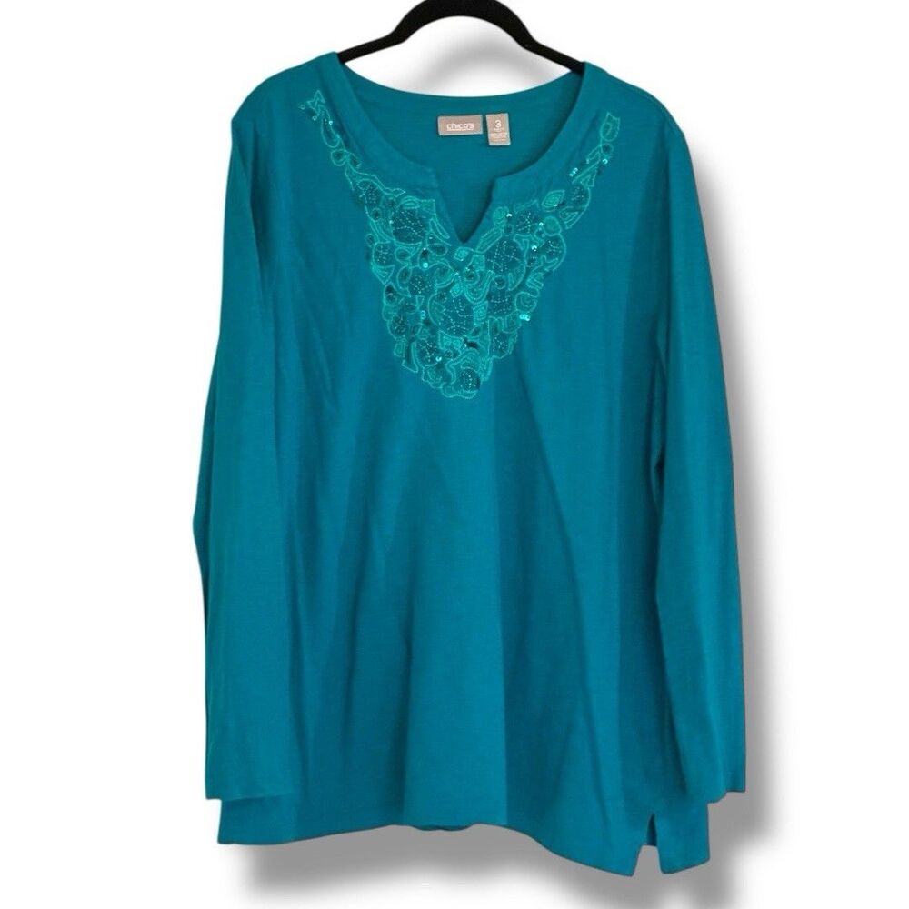 Chico’s Teal Long Sleeve Top Embroidered Sequin Neckline 3/XL